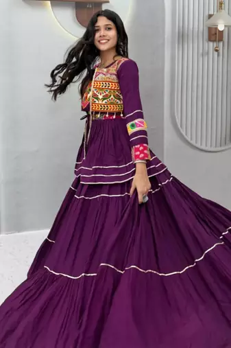 purple cotton silk embroidered traditional lehenga choli with free size upto 42
