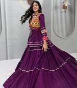 purple cotton silk embroidered traditional lehenga choli with free size upto 42