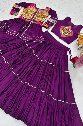 purple cotton silk embroidered traditional lehenga choli with free size upto 42