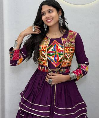 purple cotton silk embroidered traditional lehenga choli with free size upto 42 3