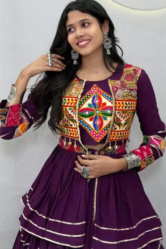 purple cotton silk embroidered traditional lehenga choli with free size upto 42