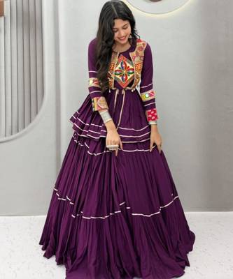 purple cotton silk embroidered traditional lehenga choli with free size upto 42 4
