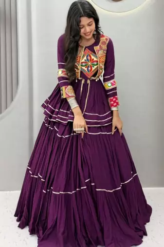 purple cotton silk embroidered traditional lehenga choli with free size upto 42