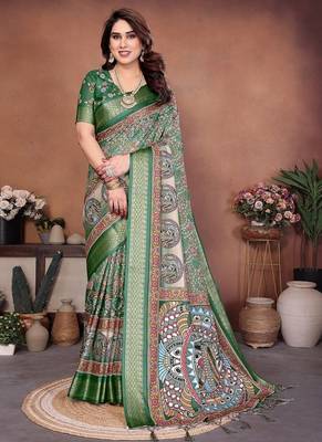 green color digital print work cotton blend saree 1