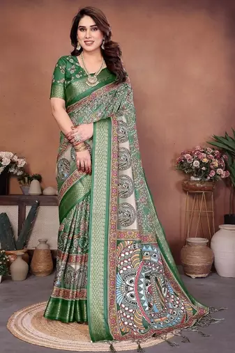 green color digital print work cotton blend saree