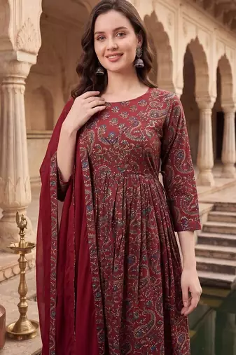 Women Ethnic Motifs Printed Empire Cotton Kurta with Trousers & With Dupatta