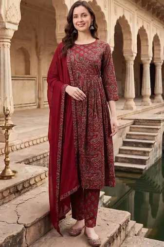 Women Ethnic Motifs Printed Empire Cotton Kurta with Trousers & With Dupatta