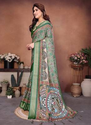 green color digital print work cotton blend saree 2