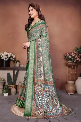 green color digital print work cotton blend saree