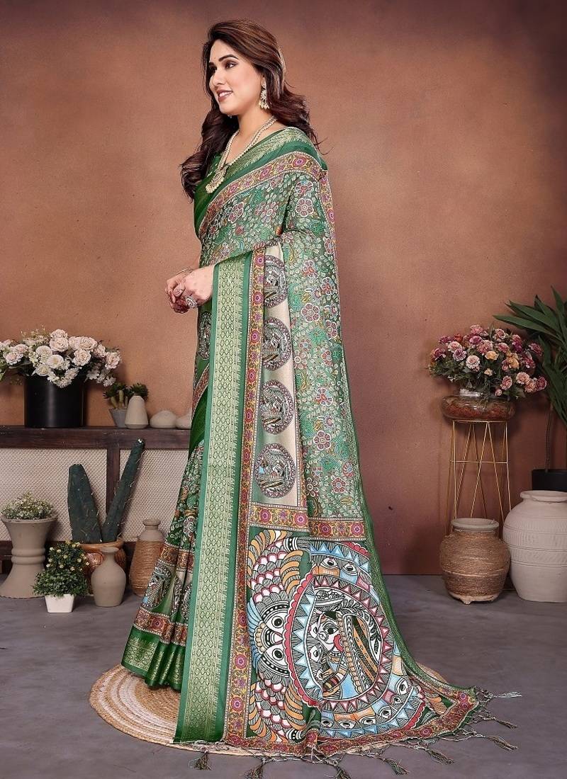 green color digital print work cotton blend saree