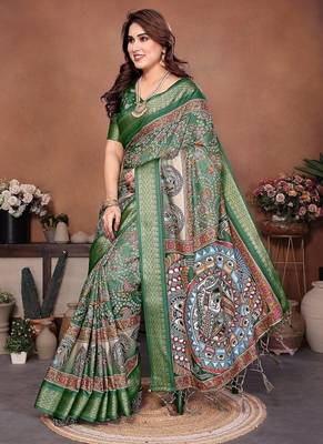 green color digital print work cotton blend saree 3