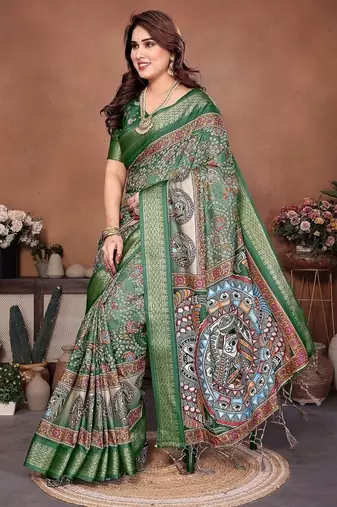green color digital print work cotton blend saree