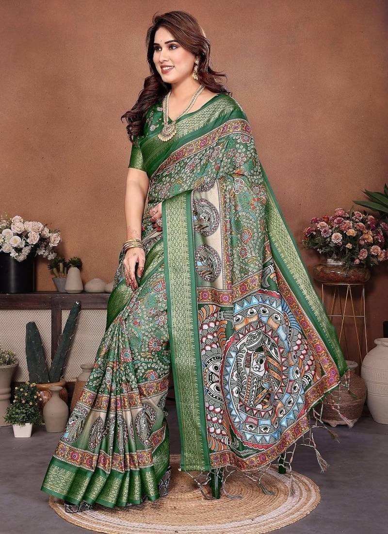 green color digital print work cotton blend saree
