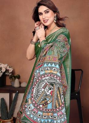green color digital print work cotton blend saree 4