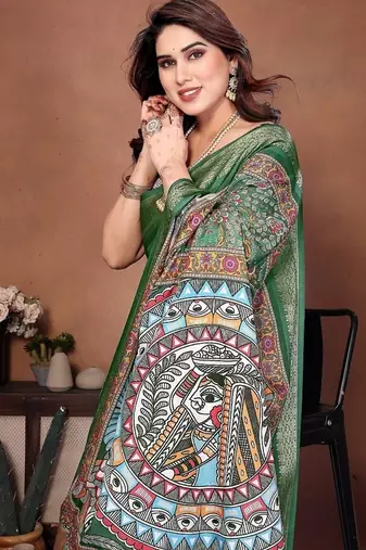 green color digital print work cotton blend saree