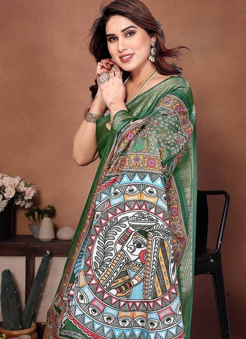 green color digital print work cotton blend saree