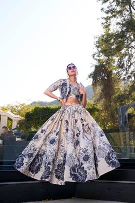 beige silk blend printed traditional lehenga choli with free size upto 42 1