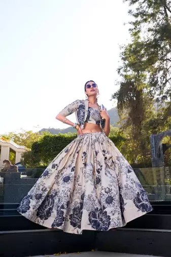 beige silk blend printed traditional lehenga choli with free size upto 42