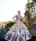 beige silk blend printed traditional lehenga choli with free size upto 42