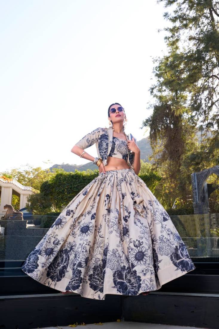 beige silk blend printed traditional lehenga choli with free size upto 42
