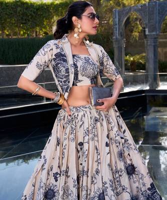 beige silk blend printed traditional lehenga choli with free size upto 42 2