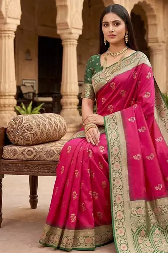 Pink soft banarasi silk saree with zari weaving meenakari design