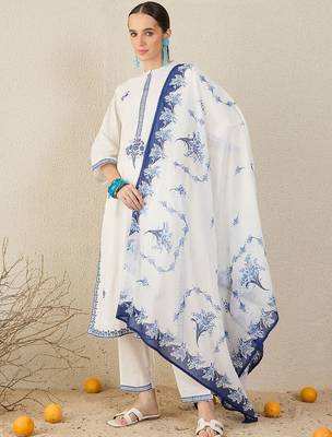 Floral Embroidered Thread Work Cotton Straight Kurta & Trouser With Dupatta 1
