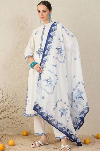 Floral Embroidered Thread Work Cotton Straight Kurta & Trouser With Dupatta