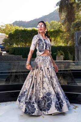 beige silk blend printed traditional lehenga choli with free size upto 42 3