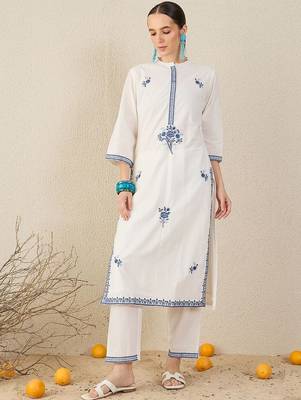 Floral Embroidered Thread Work Cotton Straight Kurta & Trouser With Dupatta 2