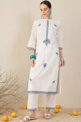 Floral Embroidered Thread Work Cotton Straight Kurta & Trouser With Dupatta