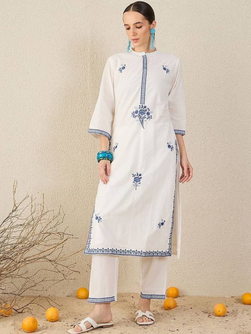 Floral Embroidered Thread Work Cotton Straight Kurta & Trouser With Dupatta