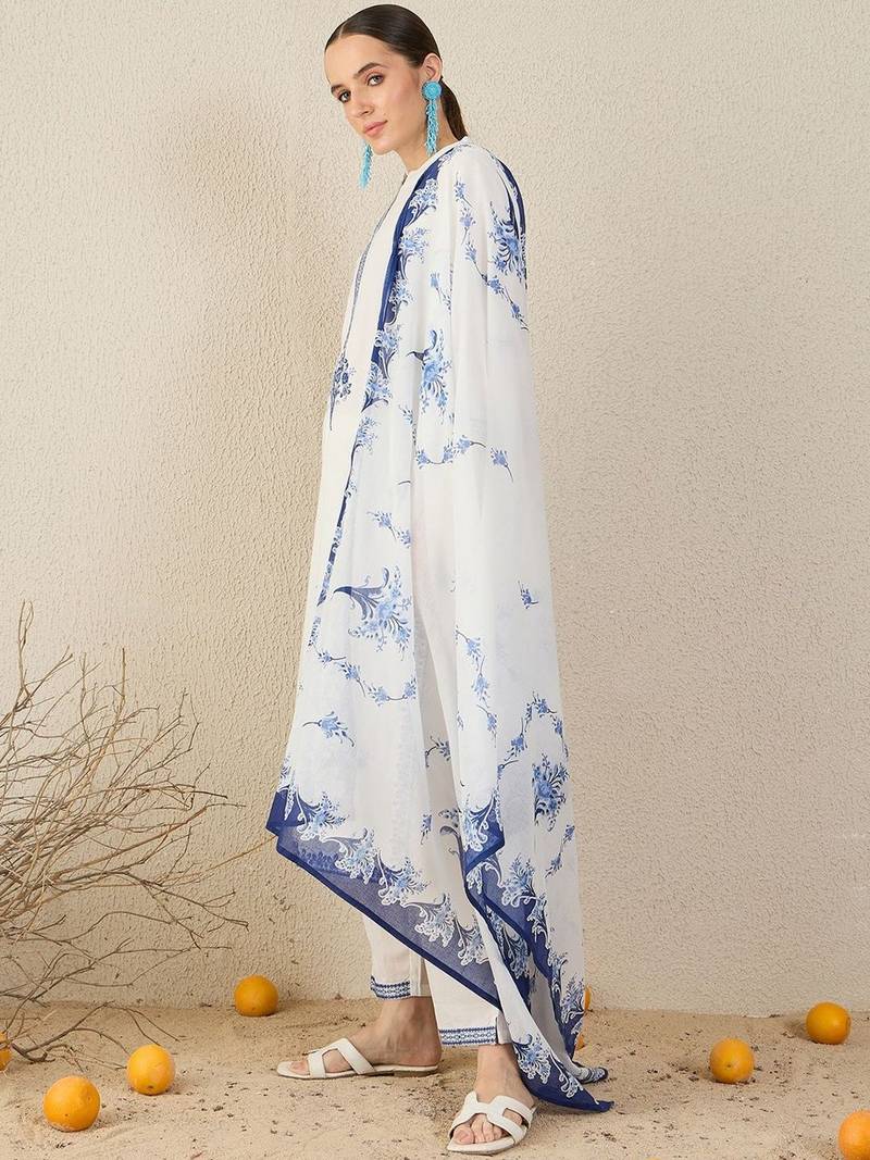 Floral Embroidered Thread Work Cotton Straight Kurta & Trouser With Dupatta
