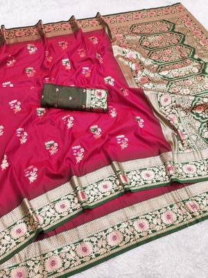Pink soft banarasi silk saree with zari weaving meenakari design 5