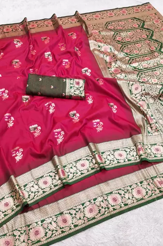 Pink soft banarasi silk saree with zari weaving meenakari design