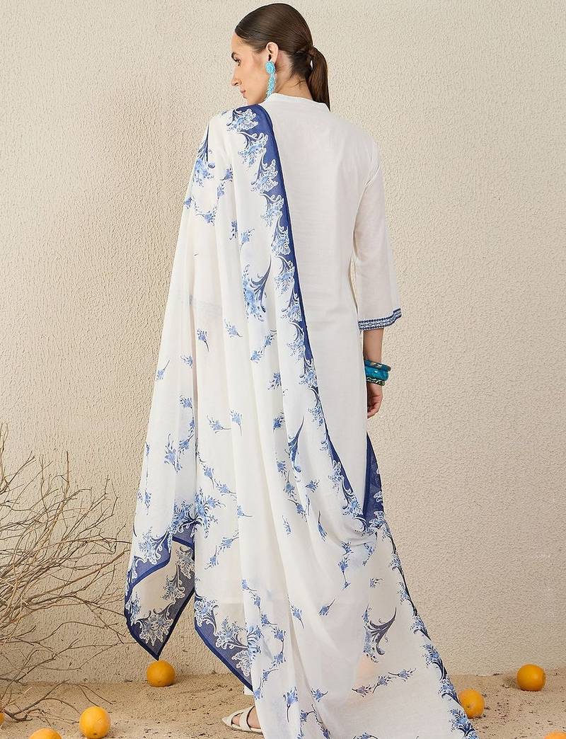 Floral Embroidered Thread Work Cotton Straight Kurta & Trouser With Dupatta