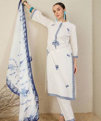 Floral Embroidered Thread Work Cotton Straight Kurta & Trouser With Dupatta 6