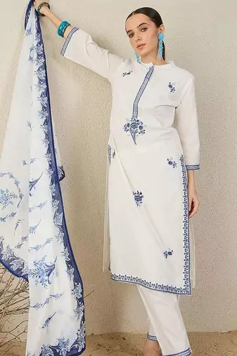 Floral Embroidered Thread Work Cotton Straight Kurta & Trouser With Dupatta