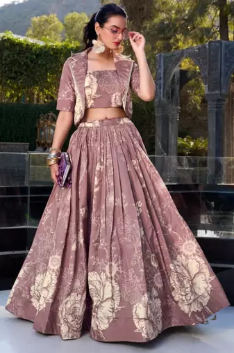 mauve silk blend printed traditional lehenga choli with free size upto 42