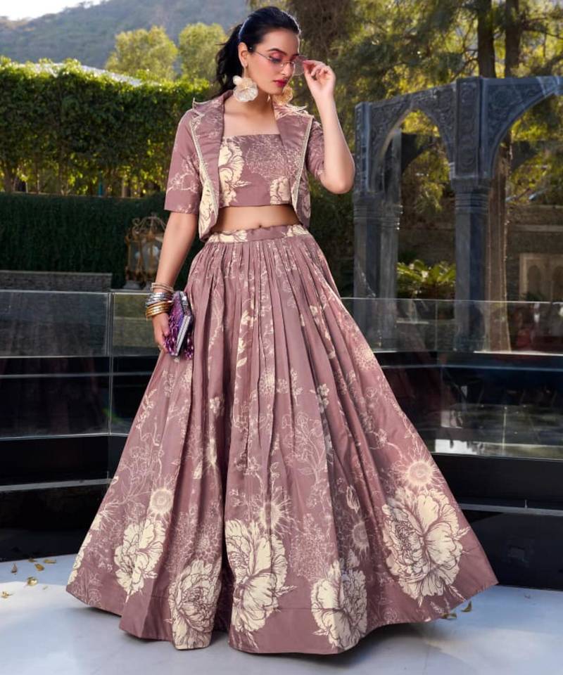 mauve silk blend printed traditional lehenga choli with free size upto 42