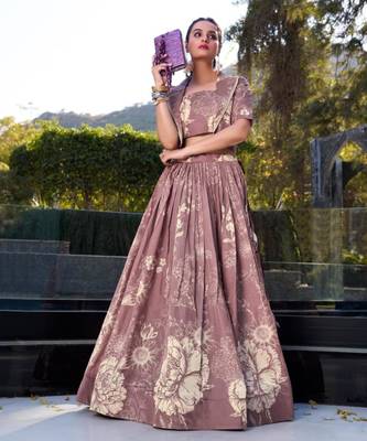mauve silk blend printed traditional lehenga choli with free size upto 42 2