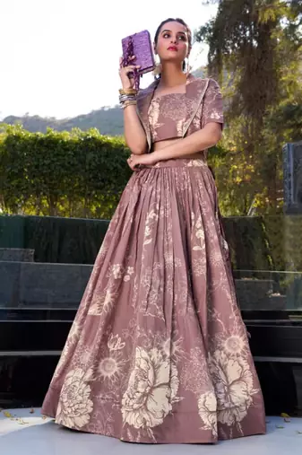 mauve silk blend printed traditional lehenga choli with free size upto 42