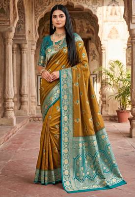 Mustard  soft banarasi silk saree with zari weaving meenakari design 1