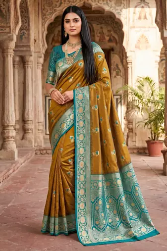 Mustard  soft banarasi silk saree with zari weaving meenakari design