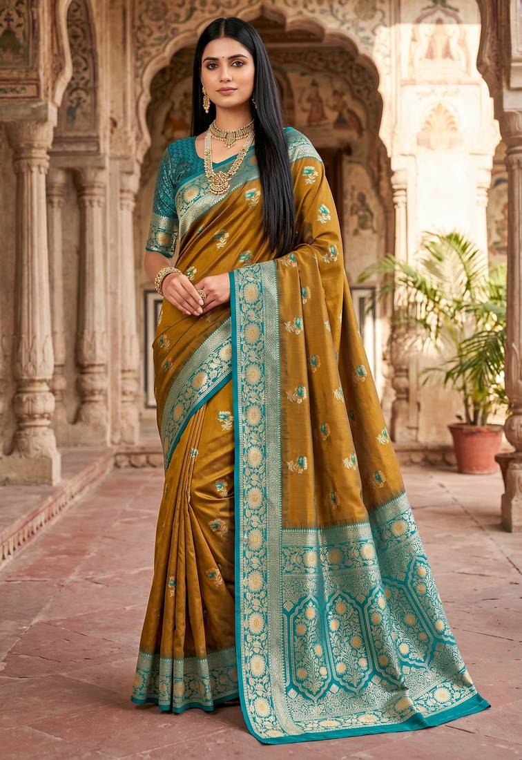 Mustard  soft banarasi silk saree with zari weaving meenakari design