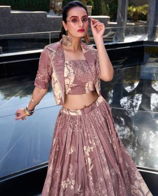 mauve silk blend printed traditional lehenga choli with free size upto 42 3