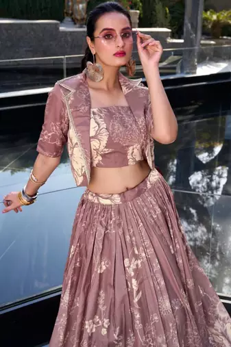 mauve silk blend printed traditional lehenga choli with free size upto 42