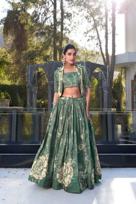 green silk blend printed traditional lehenga choli with free size upto 42 1