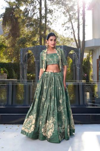 green silk blend printed traditional lehenga choli with free size upto 42