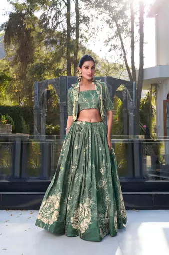 green silk blend printed traditional lehenga choli with free size upto 42